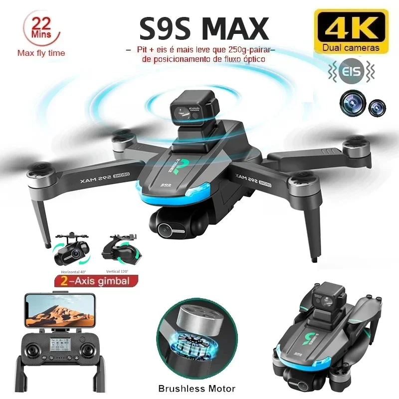 Novo s9s max mini drone 4k 2 e - Drone Gimbal Brushless avaliação e preço